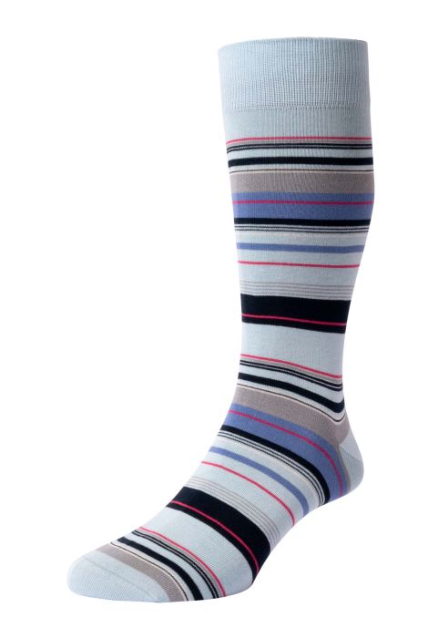 PTA Portmore Sea Island Cotton Multi Stripe Men's Socks Spa Blue/Black/Light Grey