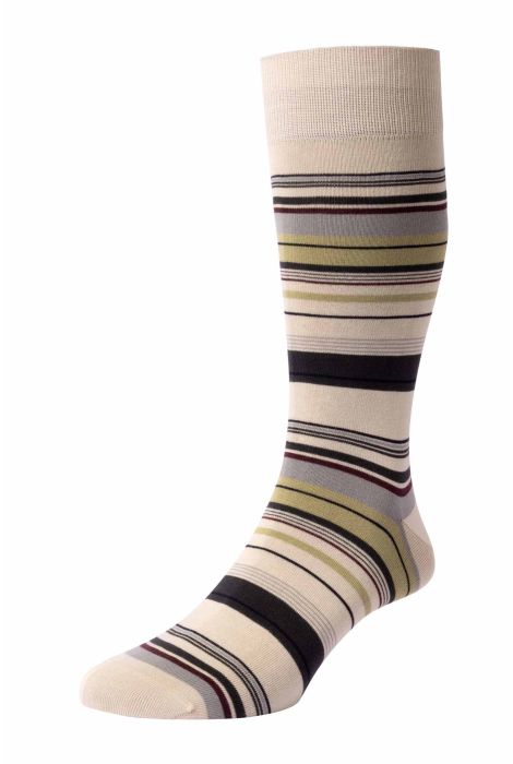 PTA Portmore Sea Island Cotton Multi Stripe Men's Socks Stone/Light Grey/Dk Brown