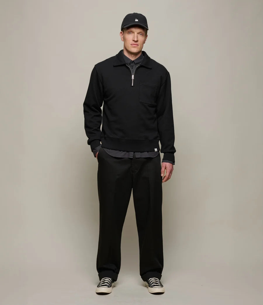 MZB Authentic Fleece Polo Collared Half-Zip Cotton Sweatshirt Deep Black