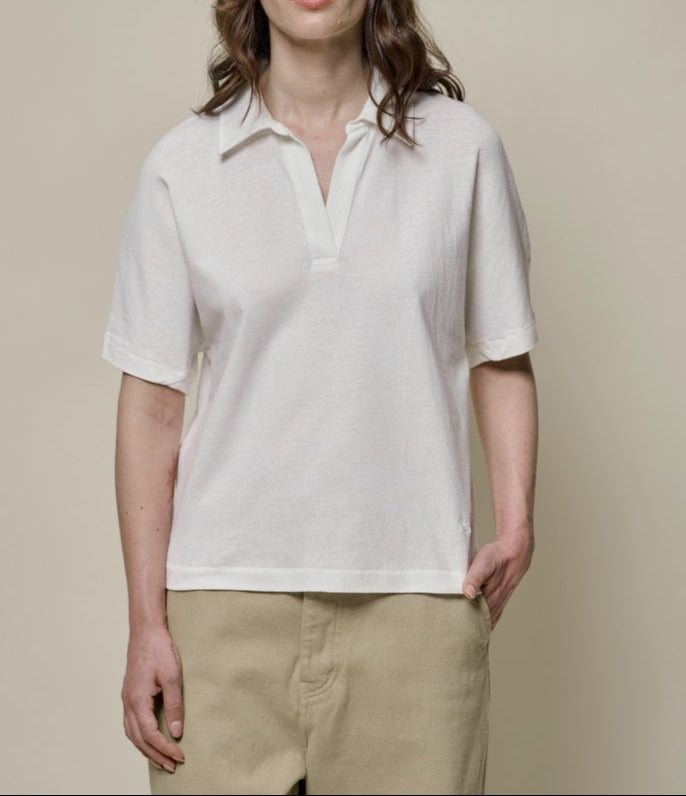 MERZB WLINEN03 Women's Relaxed Wide Fit Linen Organic Cotton Polo Shirt White