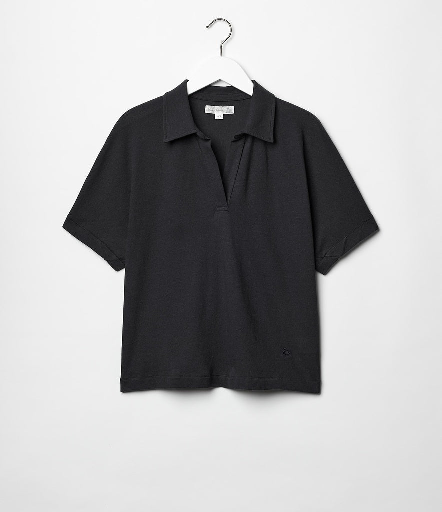 MZB WLINEN03 Women's Relaxed Wide Fit Linen Organic Cotton Polo Shirt Deep Black
