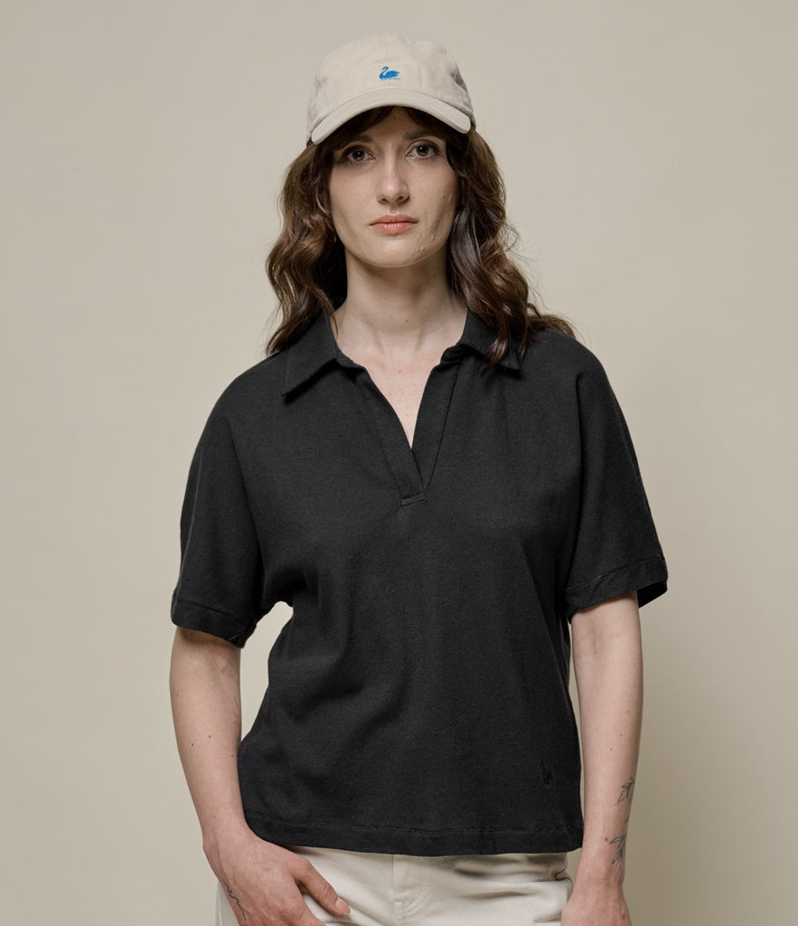 MZB WLINEN03 Women's Relaxed Wide Fit Linen Organic Cotton Polo Shirt Deep Black