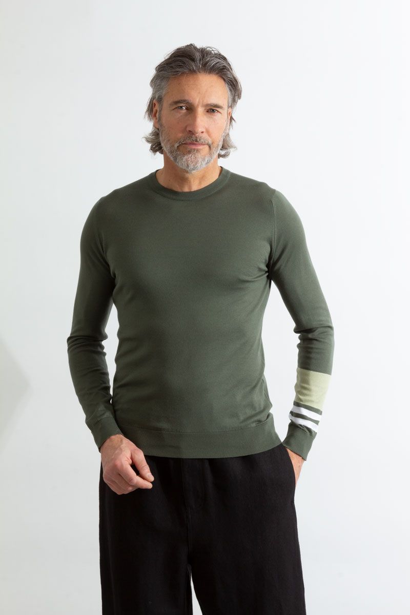 JSY HARBIRD Men Sea Island Cotton Pullover CN LS Col1 Palm/ Wht/ Desset Grn