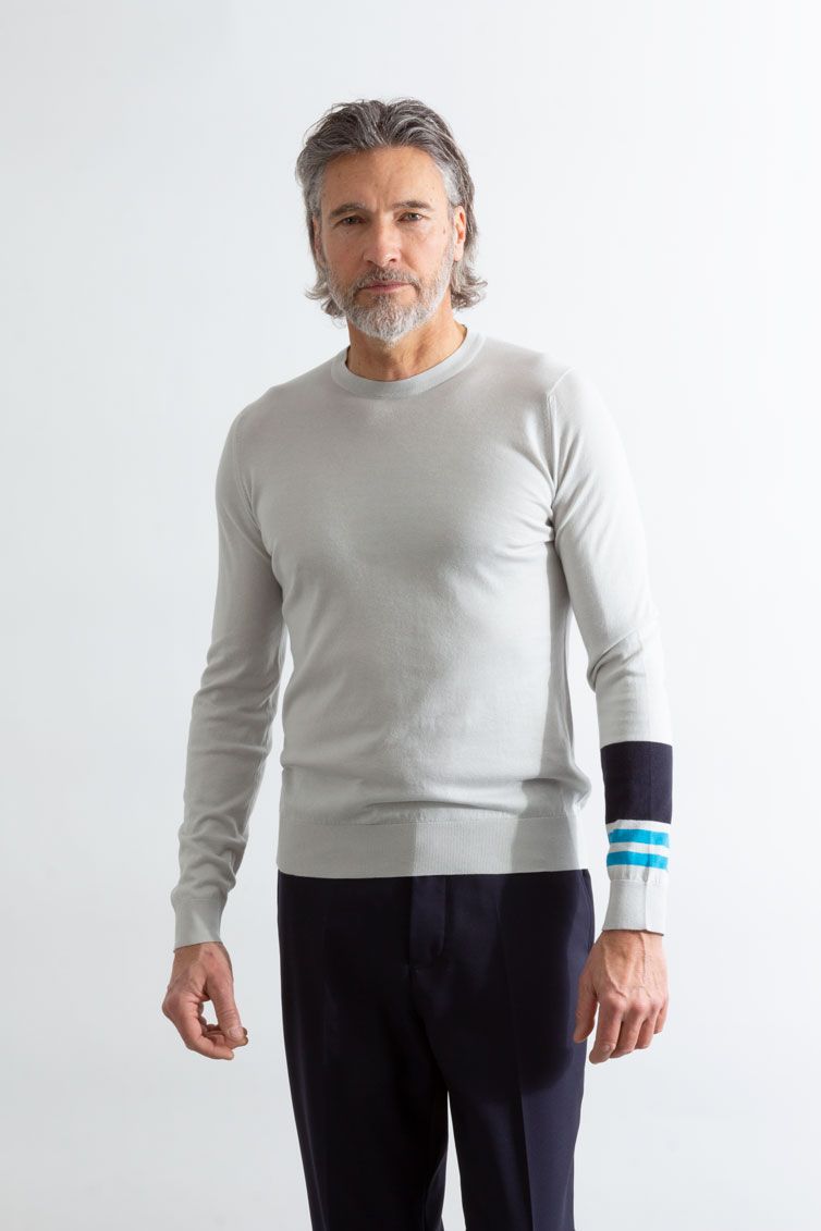 JSY HARBIRD Men Sea Island Cotton Pullover CN LS Col3 Cld/ Skipper Blu/ Nvy