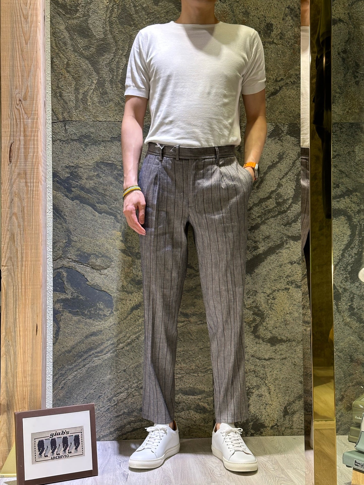 GBS DANTE 700/P Linen Cotton Trousers Navy Stripe