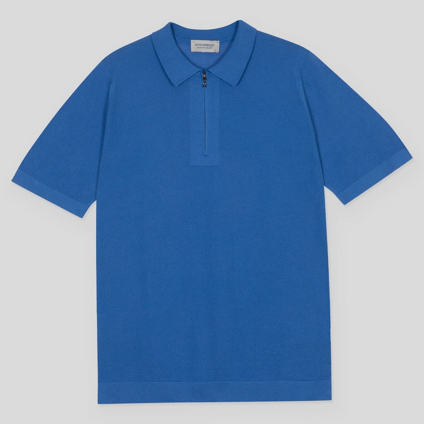JSY Men Sea Island Cotton Pique Half Zipped Polo Shirt Pacific