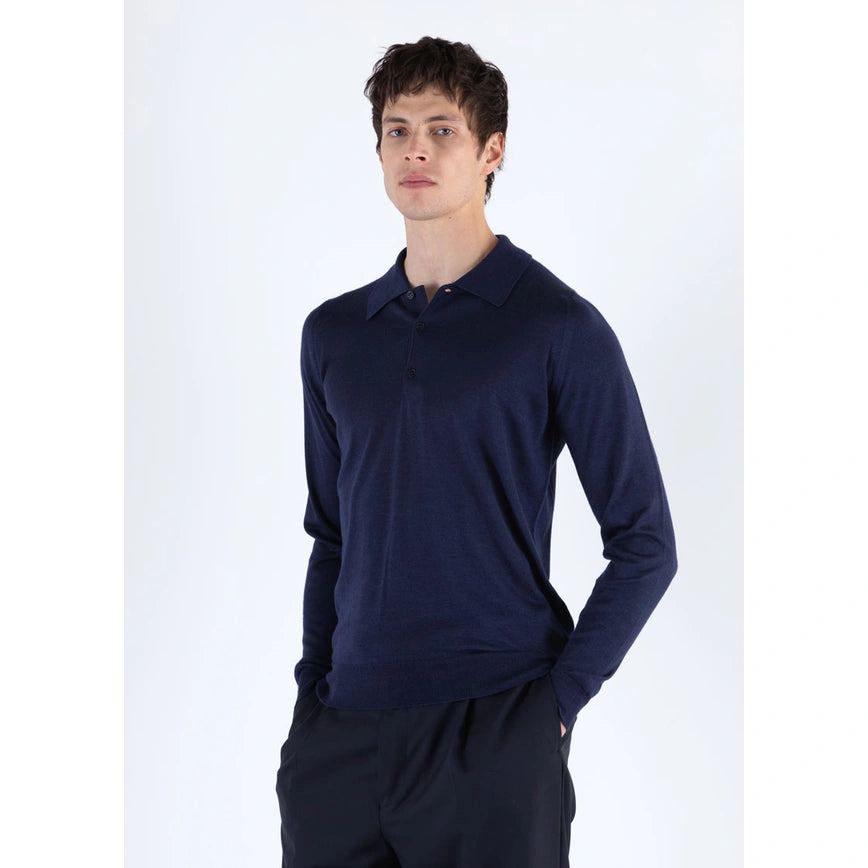 JSY Men Cashmere and Silk Long Polo Shirt Royal Navy