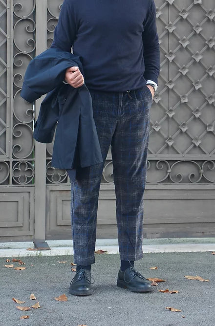 RBN Men's Pleats Relax Fit Velvet Trousers Check Blue/ Grey