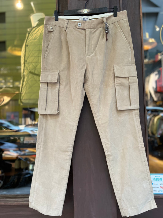 RBN Men's Double pleats slim fit Corduroy Cargo Trousers Beige