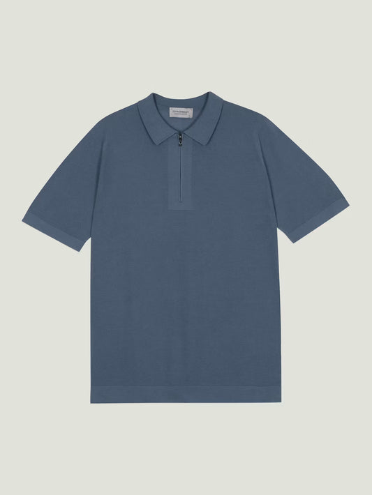 JSY Sandbank Men Sea Island Cotton Pique Half Zipped Polo Shirt Delft Blue