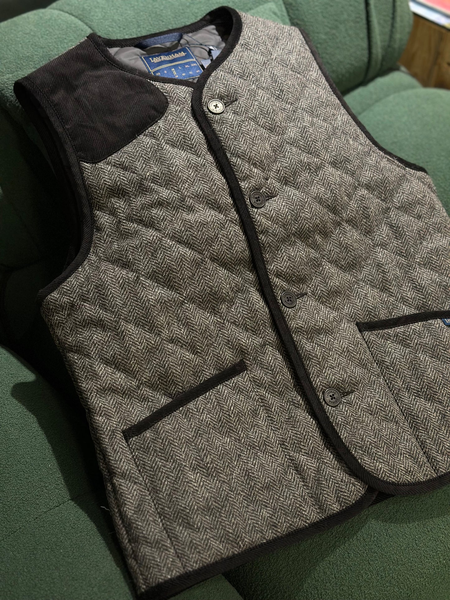 LVH x HOUSES HIGHTOWN Tweed Herringbone Quilted Hunting Gilets Charcoal