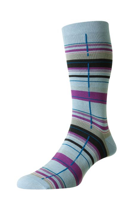 PTA Men CARWAY Sea Island Cotton Multi Check Socks Light Blue