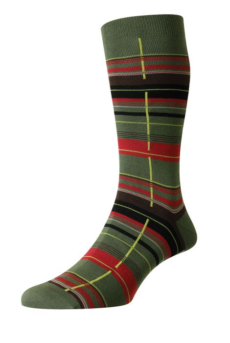 PTA Men CARWAY Sea Island Cotton Multi Check Socks Olive Khaki