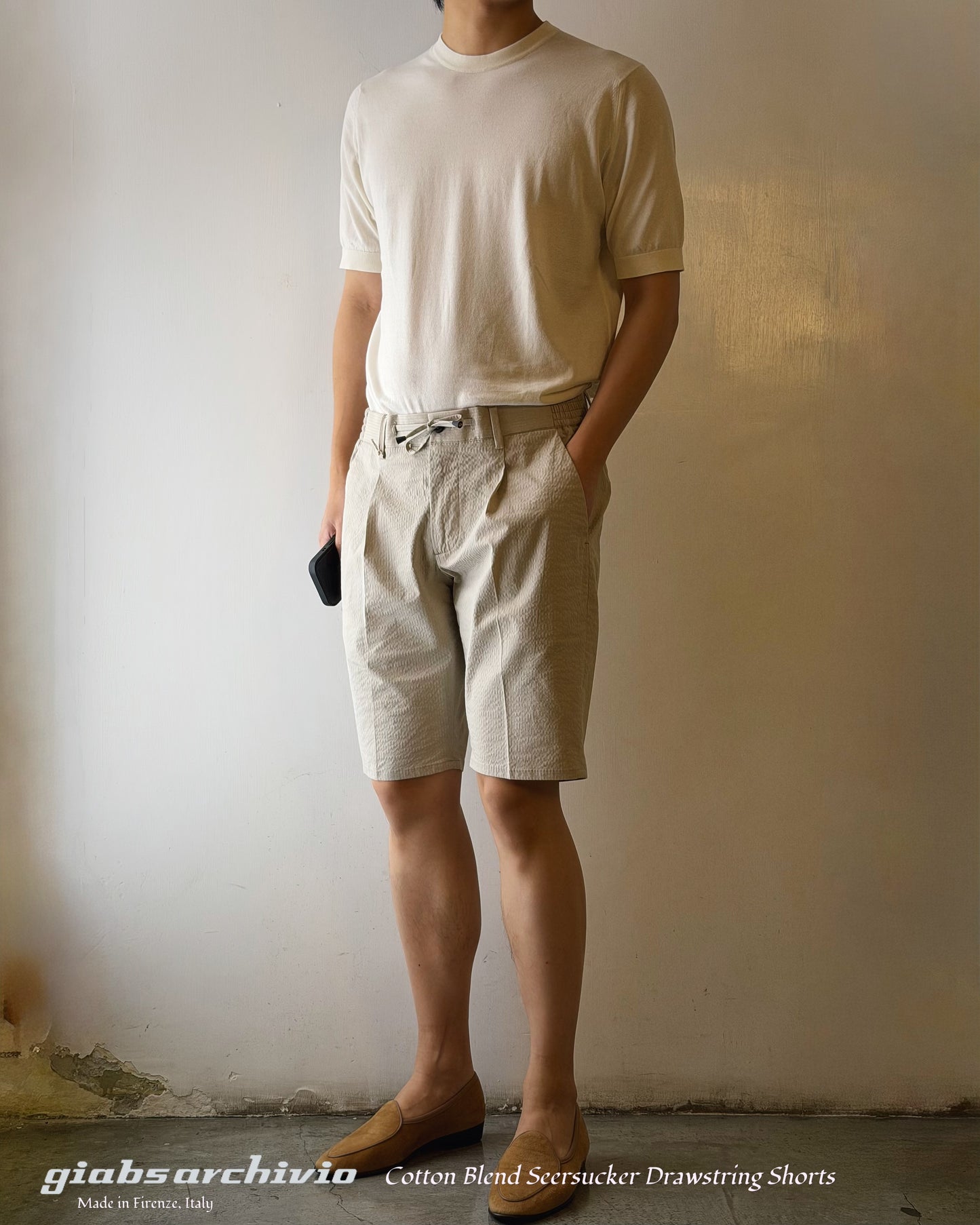GBS MAGNIFICO Seersucker Cotton Blend Shorts A3585 Beige