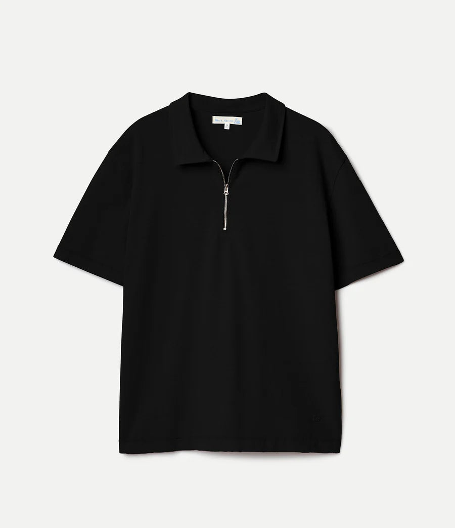 MERZB Sturdy Boxy Fit Giza Cotton-Hemp Zip POLO Shirt Deep Black