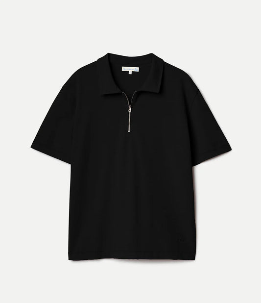 MERZB Sturdy Boxy Fit Giza Cotton-Hemp Zip POLO Shirt Deep Black