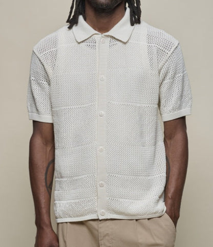 MZB KNITSHIRT01 Men's Crochet Shirt Organic Cotton Knit Relaxed Fit Nature
