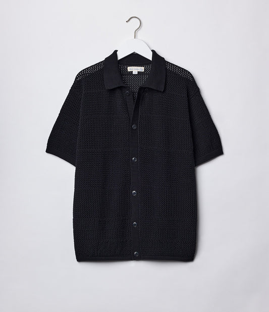 MZB KNITSHIRT01 Men's Crochet Shirt Organic Cotton Knit Relaxed Fit Deep Black