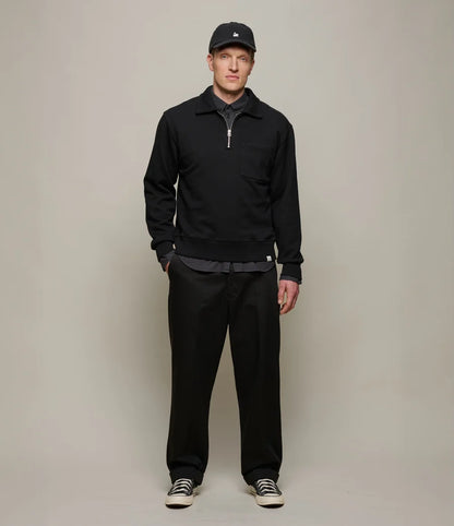 MZB Authentic Fleece Polo Collared Half-Zip Cotton Sweatshirt Deep Black