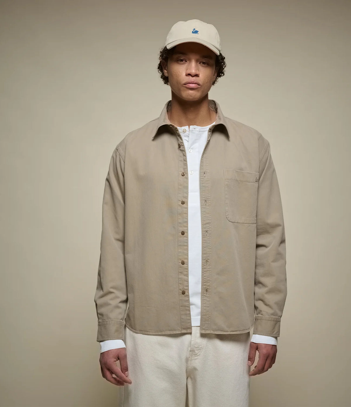 MERZB UNISEX SHIRT01HB Herringbone Long Sleeve Shirt Dusted Khaki