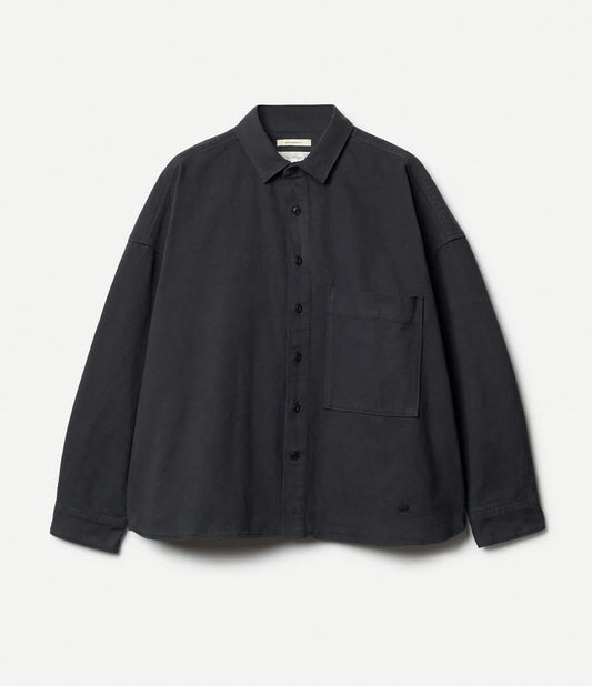 MERZB SHIRT05T Cropped Boxy Style Cotton Twill Long Sleeve Shirt Charcoal