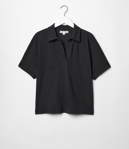MZB WLINEN03 Women's Relaxed Wide Fit Linen Organic Cotton Polo Shirt Deep Black