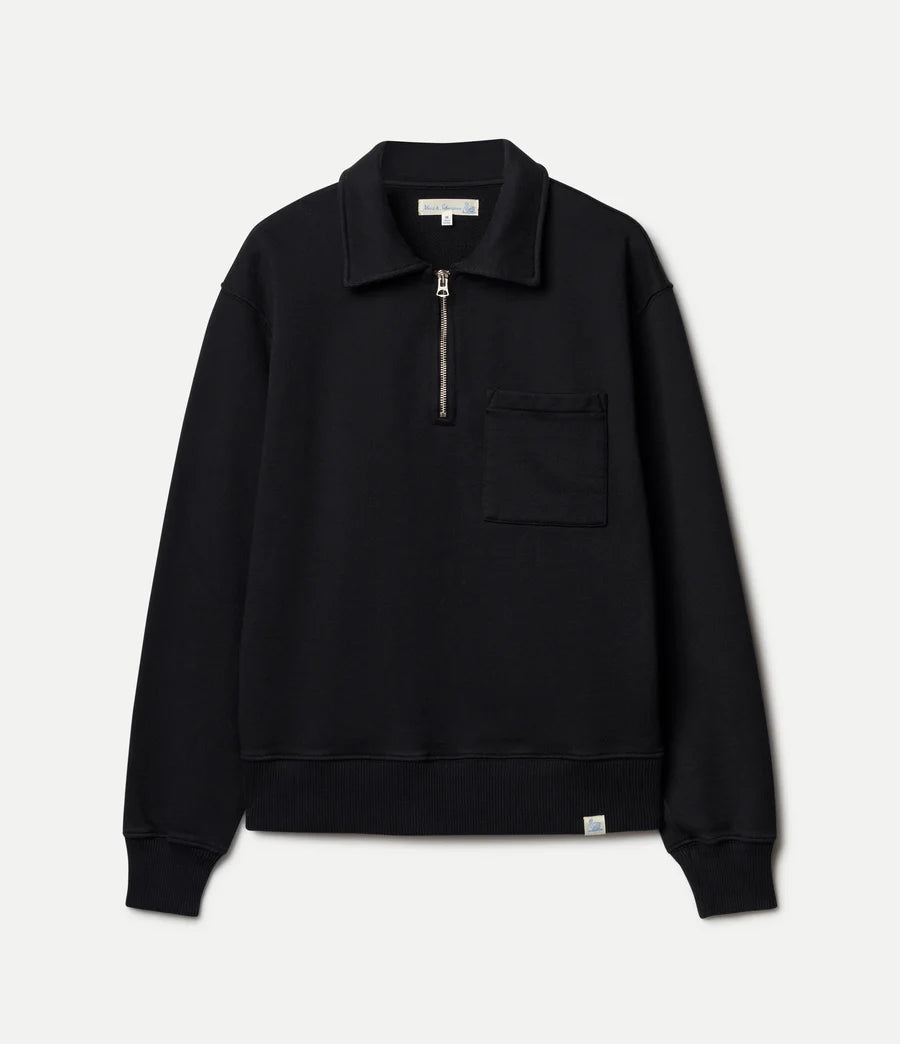 MZB Authentic Fleece Polo Collared Half-Zip Cotton Sweatshirt Deep Black