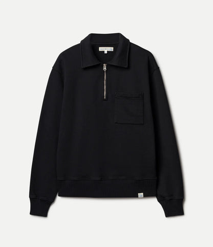 MZB Authentic Fleece Polo Collared Half-Zip Cotton Sweatshirt Deep Black