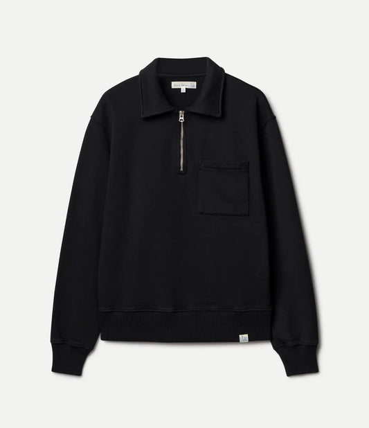MZB Authentic Fleece Polo Collared Half-Zip Cotton Sweatshirt Deep Black