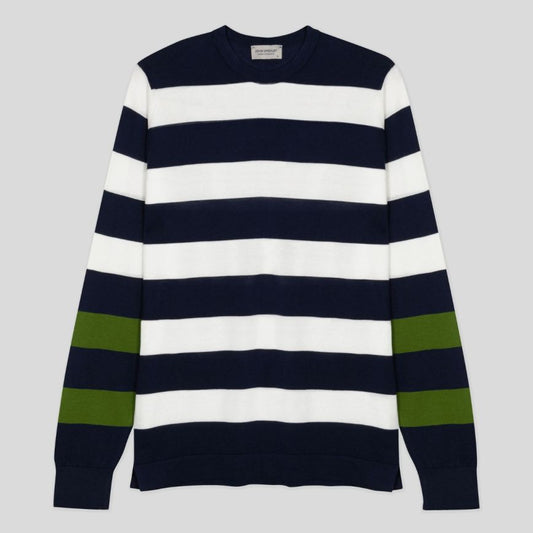 JSY AUXIL Men Sea Island Cotton Stripe Pullover CN LS Col. 2 FRENCH NAVY / WHITE / Olive