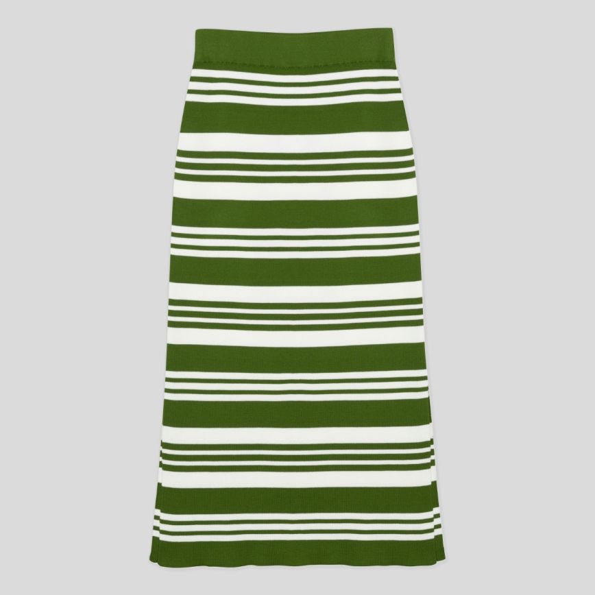 JSY HANA Women Sea Island Cotton Striped Skirt Ribbed Col. 4 Olive White