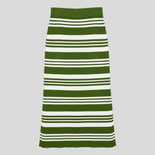 JSY HANA Women Sea Island Cotton Striped Skirt Ribbed Col. 4 Olive White