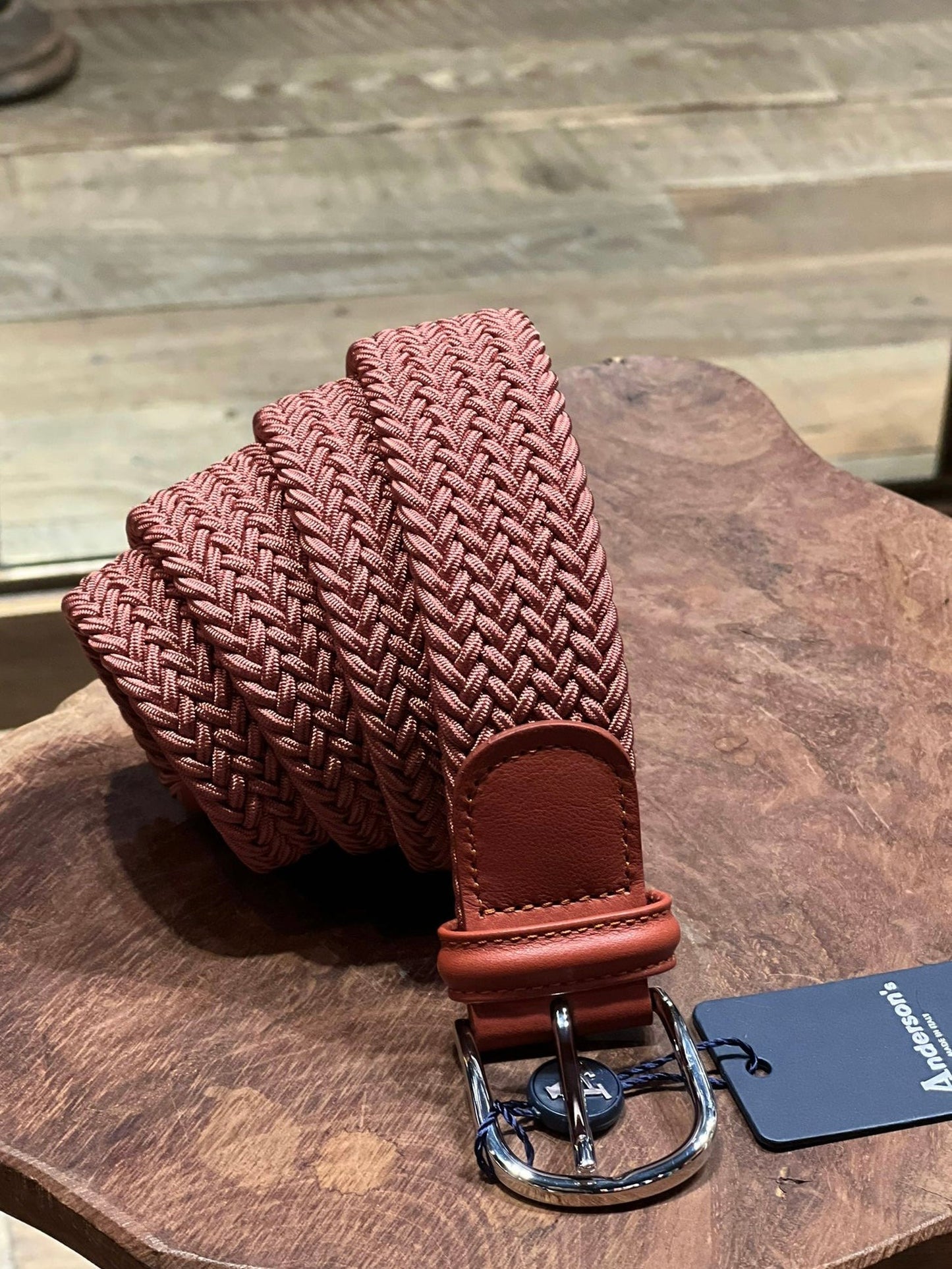 ADS 3.5cm Leather-Trimmed Woven Elastic Belt Pink