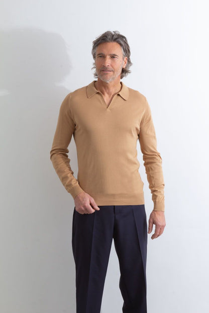 JSY PUCK Men Sea Island Cotton Skipper Collar Shirt LS Light Camel