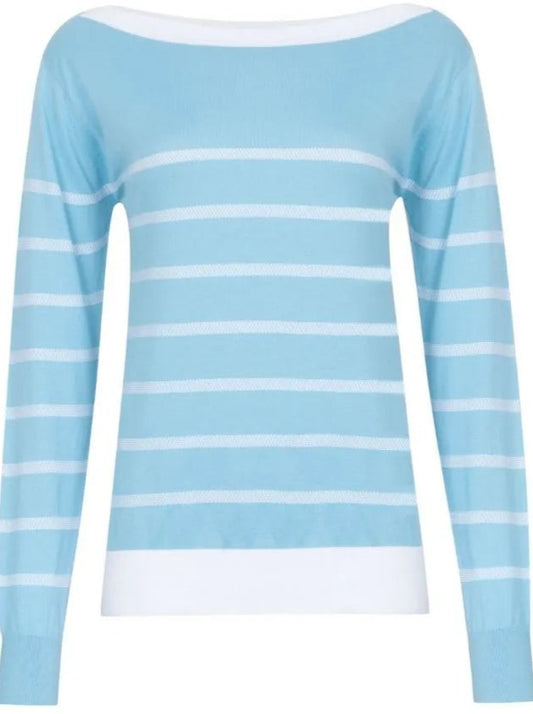 JSY ADEY Women Sea Island Cotton Sweater BN LS Col4. Eventide Blue  White