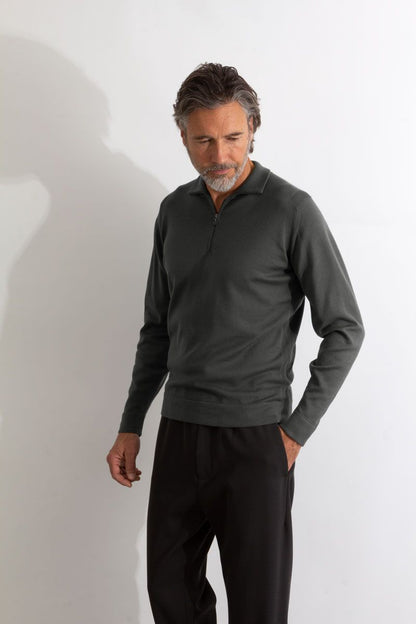 JSY LETTERFORD Men Sea Island Cotton Zipped Shirt LS Cobble Grey